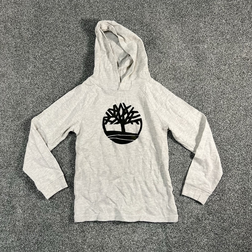 Timberland Boys Size 7 Hoodie Gray Waffle Knit Big Tree Logo Pullover